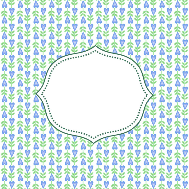 Cute blue flower vector card with space for text. Seamless floral pattern with heart shape flowers - Vektör, Görsel