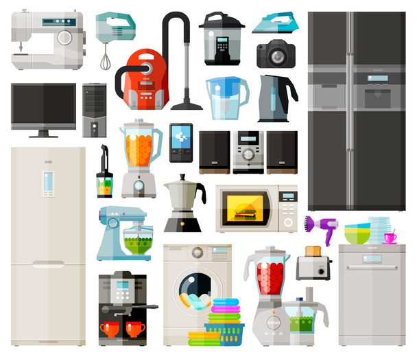 home appliances icons set. set of elements - sewing machine, vacuum cleaner, mixer, computer, fridge, coffee machine, juicer, phone, kettle, washing machine, food processor, toaster, dishwasher, micro - Vector, imagen