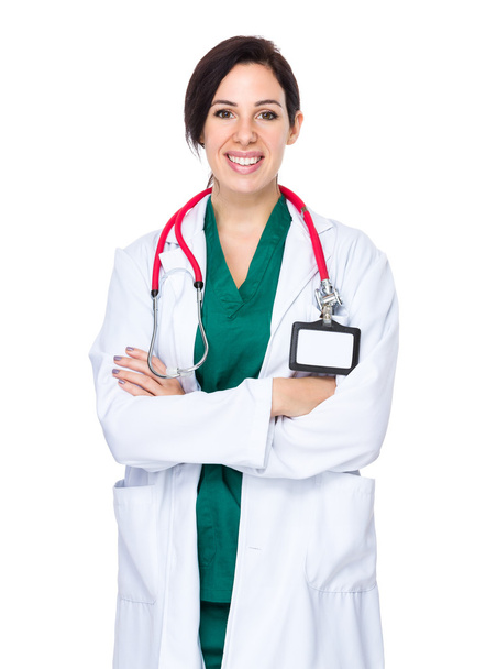 brunette woman doctor in white coat - 写真・画像
