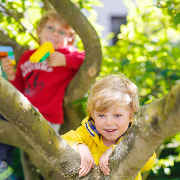 Due ragazzini attivi che si divertono ad arrampicarsi sull'albero
 - Foto, immagini