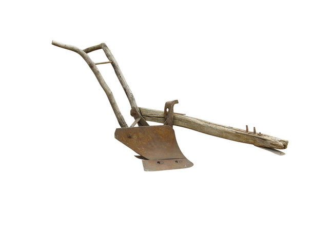 Agricultural old manual plow isolated over white - Foto, imagen
