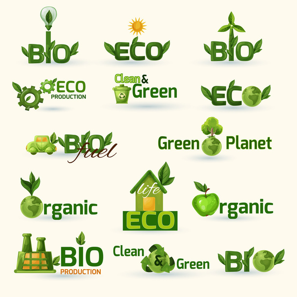 Verde Ecologia Testo Icone Set
 - Vettoriali, immagini