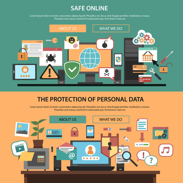 Computer safety horizontal banners set flat - Vector, Image