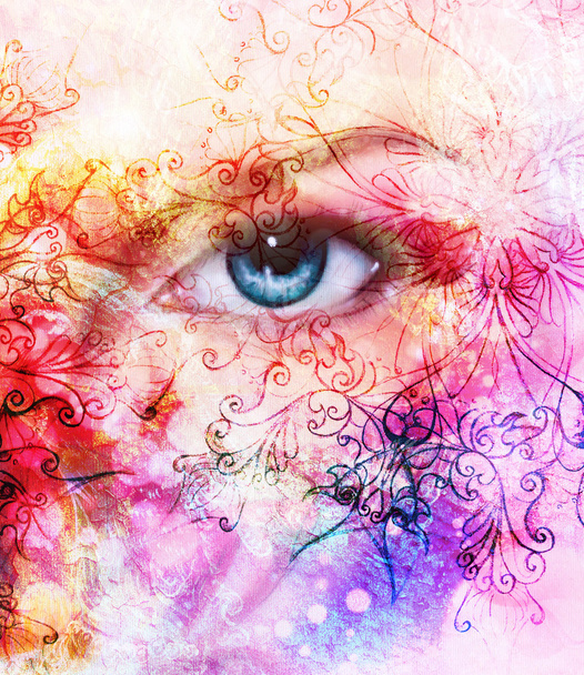 beautiful blue women eyes, color effect, painting collage, violet makeup and ornaments. - Photo, Image