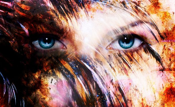 Beautiful blue women eyes beaming, color feathers effect, painting collage, phoenix makeup - Foto, afbeelding