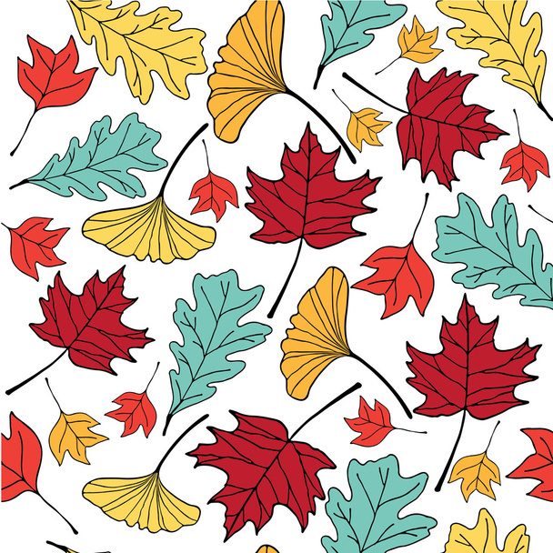 colorful autumn leaf hand drawn doodle illustration pattern seem - Vector, afbeelding