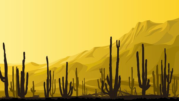 Horisontaalinen kuva preeriasta kaktusten kanssa auringonlaskun aikaan
.   - Vektori, kuva