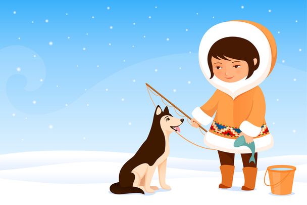 εικόνα της ένα χαριτωμένο μικρό κορίτσι inuit και το σκύλο - Διάνυσμα, εικόνα