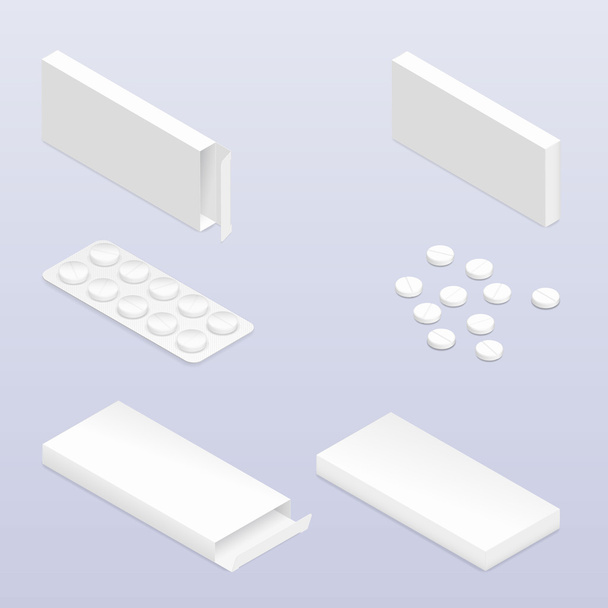 Tablets in blister and packaging detailed isometric icon set - Vector, Image
