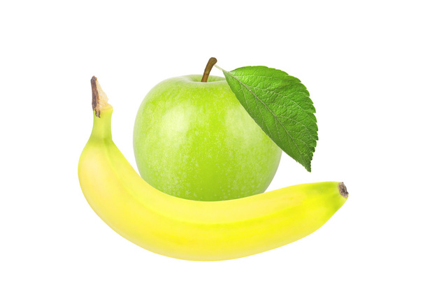Зеленое яблоко и банан изолированы на белом фоне
 - Фото, изображение