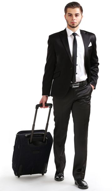 Elegant man in suit with suitcase isolated on white - Zdjęcie, obraz