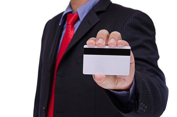 zakenman bedrijf leeg smartcard geïsoleerd op een witte pagina - Foto, afbeelding