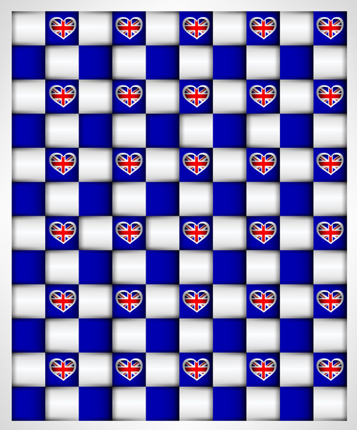 blok mozaïek achtergrond met Britse vlag glanzende hart vormen - Vector, afbeelding
