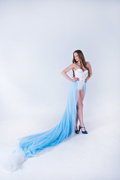 mooi meisje in een blauwe lange jurk met pluim - Foto, afbeelding