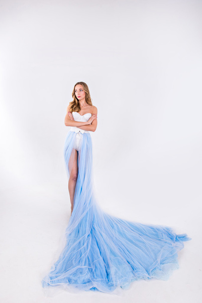 beautiful girl in a blue long dress with plume on a white backgr - Fotoğraf, Görsel