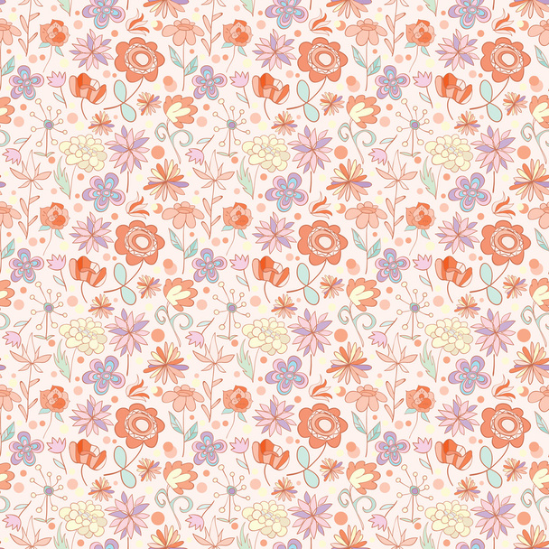 Red-pink with yellow seamless pattern with cartoon flowers - Vector, Image