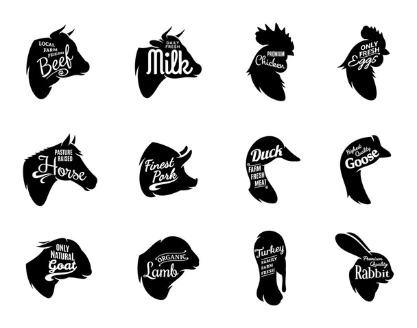 Typografische Farm Enimals Symbole Fleisch Etiketten - Vektor, Bild
