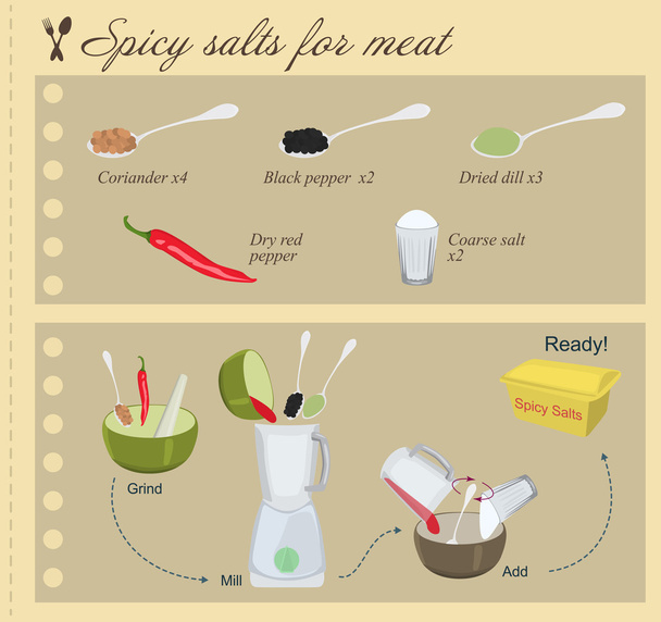 Recipe of Spicy Salts for Meat - Vector, Image