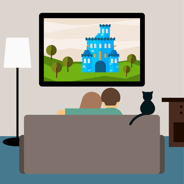Bright illustration in trendy flat style with couple and cat watching the adventure film on television sitting on the couch in the room for use in design for card, invitation, banner, placard, poster - Vector, Image