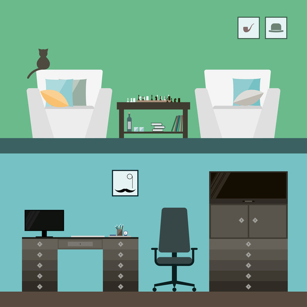 απεικόνιση σε μοντέρνο στυλ επίπεδη με εσωτερικό δωμάτιο ανδρών που απομονώνονται σε φωτεινή κομψό μπλε και πράσινη κάλυψη για χρήση στο σχεδιασμό για την κάρτα, πρόσκληση, αφίσα, banner, πλακάτ ή πίνακας διαφημίσεων φόντο - Διάνυσμα, εικόνα