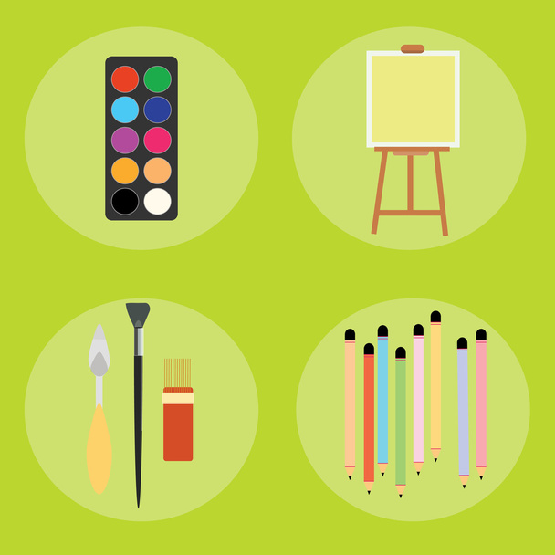 Set of artist pencils paint brush canvas palette knife - Vektor, kép