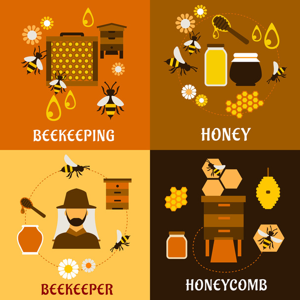 Concepto de miel con abejas, colmenas y panales
 - Vector, Imagen