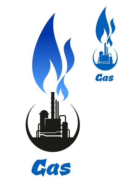 gázfeldolgozó fekete sziluettje kék láng - Vektor, kép