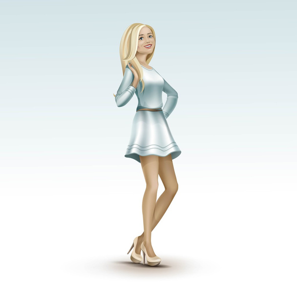 Ξανθιά γυναίκα κορίτσι στο φόρεμα σε τακούνια με μακριά μαλλιά - Διάνυσμα, εικόνα