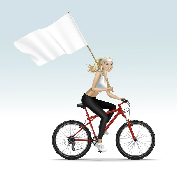 Ξανθιά γυναίκα κορίτσι το ποδήλατο με σημαία - Διάνυσμα, εικόνα