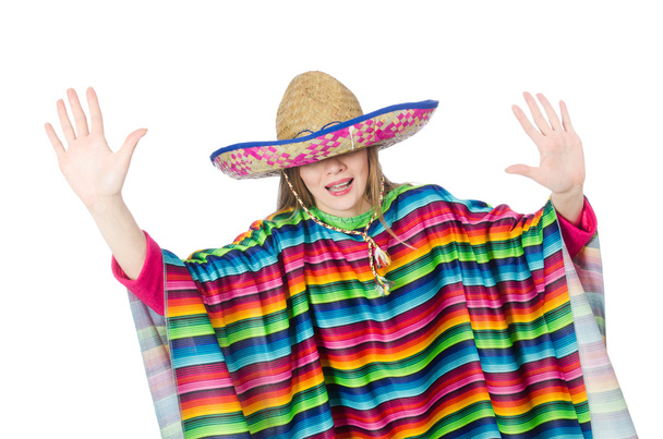 Linda chica en poncho mexicano aislado en blanco
 - Foto, Imagen