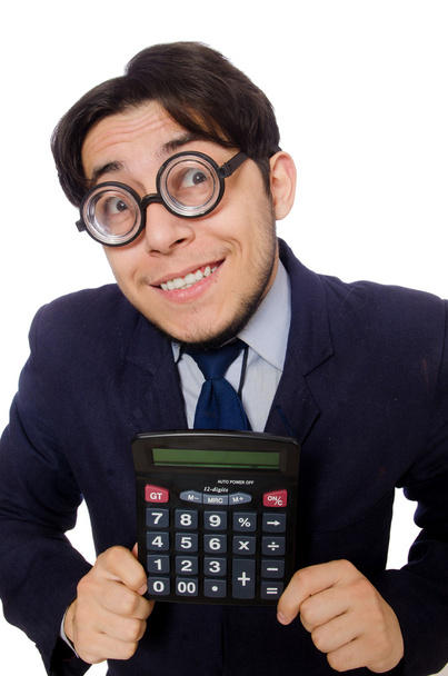 Забавна людина з калькулятором ізольована на білому
 - Фото, зображення