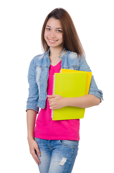 Student girl with books on white - Φωτογραφία, εικόνα