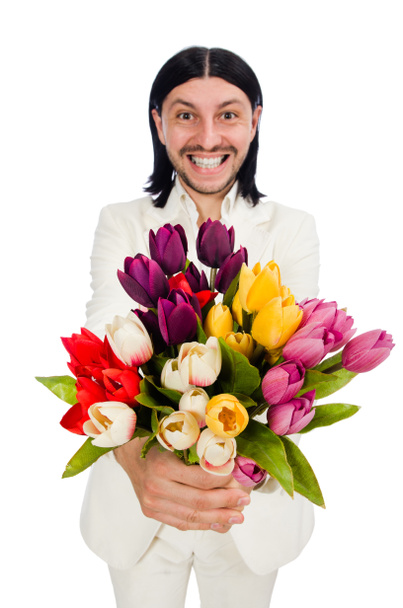 Muž s Tulipán květy izolované na bílém - Fotografie, Obrázek