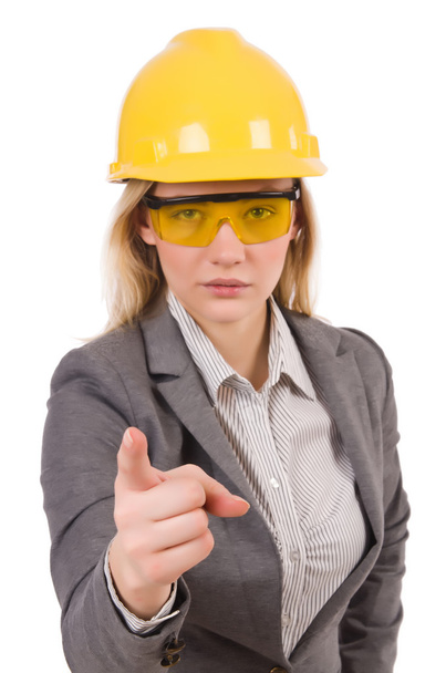 Empleado de construcción con gafas protectoras aisladas en blanco
 - Foto, imagen