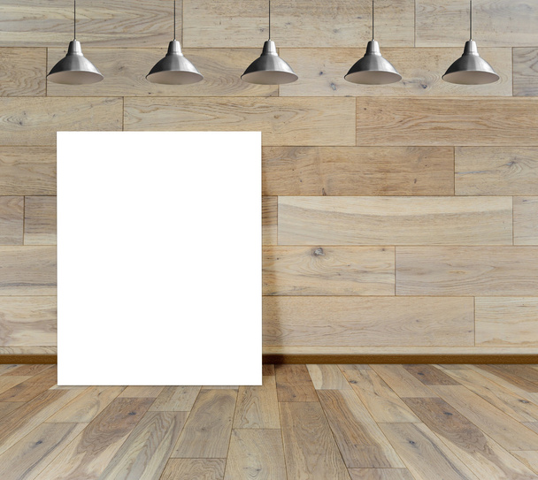 天井ランプ、木製の壁に空白のフレーム - 写真・画像