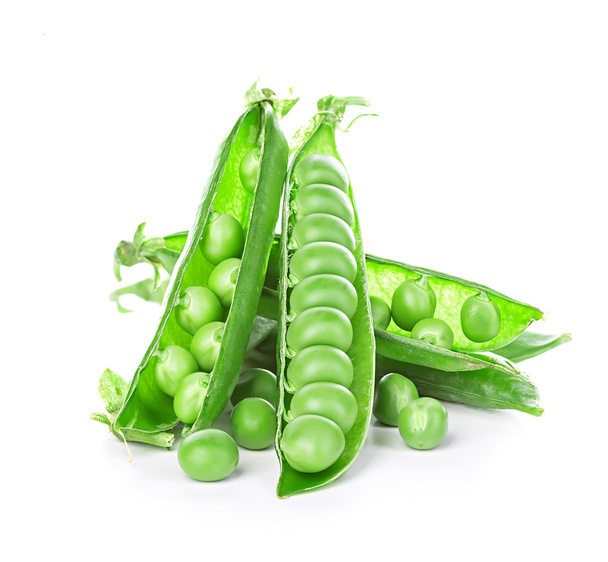 白い背景に隔離された新鮮な緑のエンドウ豆のポッド - 写真・画像