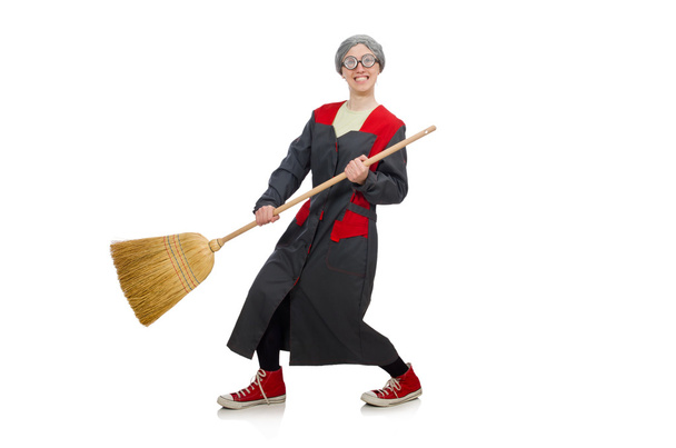 Woman with sweeping brush isolated on white - Φωτογραφία, εικόνα
