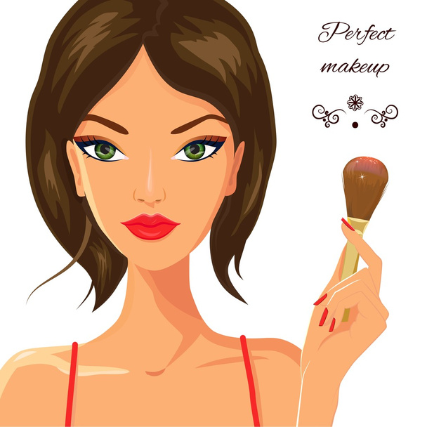 Attractive white woman applying blush. Fashion, makeup and beaut - Vektor, kép