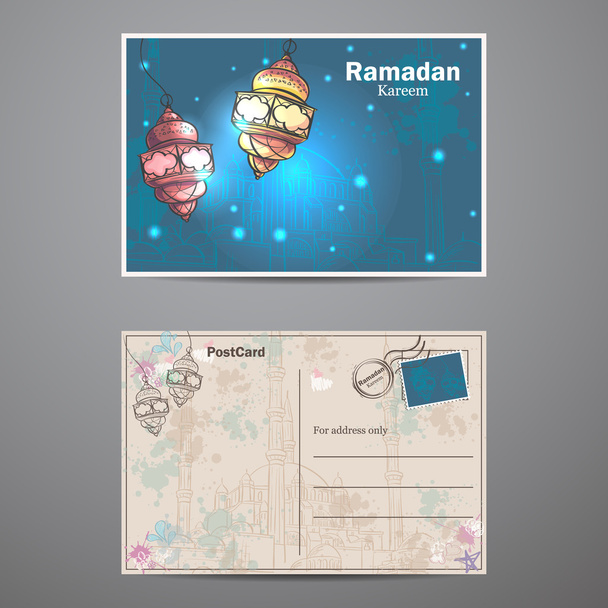 Un ensemble de deux faces d'une carte postale au Ramadan Kareem. Lampes pour Ramadan
 - Vecteur, image