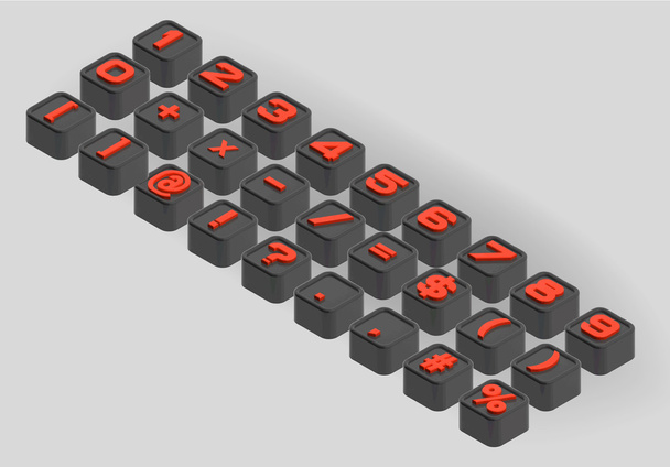 Piccole lettere di cubi lisciati. L'insieme assonometrico tridimensionale di numeri e simboli in nero e rosso
. - Vettoriali, immagini