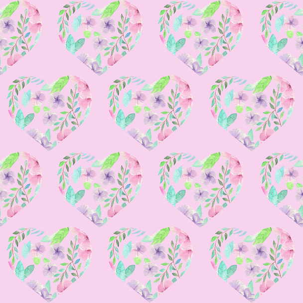 Seamless pattern of floral watercolor hearts - Φωτογραφία, εικόνα