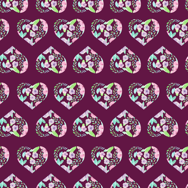 Seamless pattern of floral watercolor hearts - Fotografie, Obrázek
