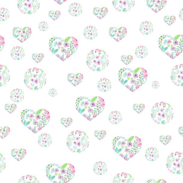 Seamless pattern of floral watercolor hearts and circles - Fotografie, Obrázek