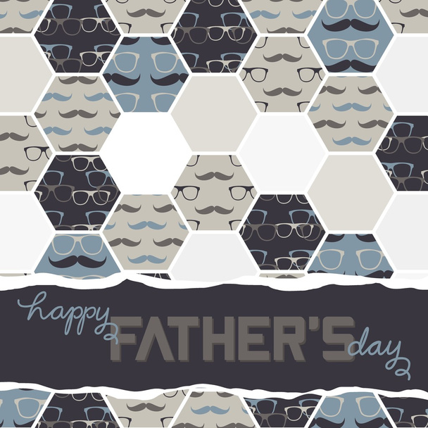 Father's day card with wishes in English on hipster glasses mustache beige blue gray geometrical background - Vettoriali, immagini