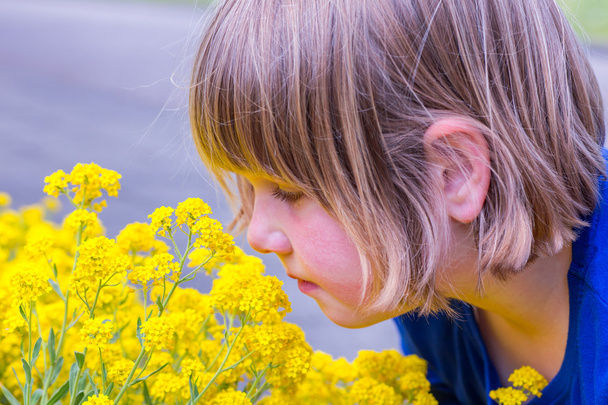 Chica joven oliendo flores amarillas
 - Foto, imagen