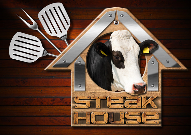 Steak House Sign on Wooden Wall - Photo, Image