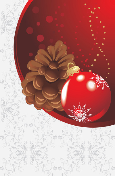 Red Christmas ball and pinecone on the decorative background - Vektor, obrázek