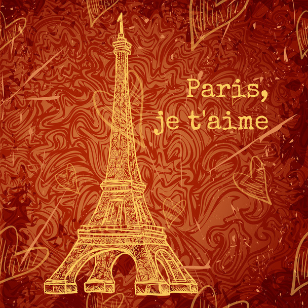 Vintage plakát s Eiffelovou věží na pozadí grunge. Retro ručně kreslené vektorové ilustrace ve stylu náčrtu 'Miluji Paříž' - Vektor, obrázek