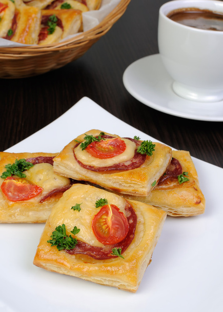 Appetizer of puff pastry with salami - Photo, Image