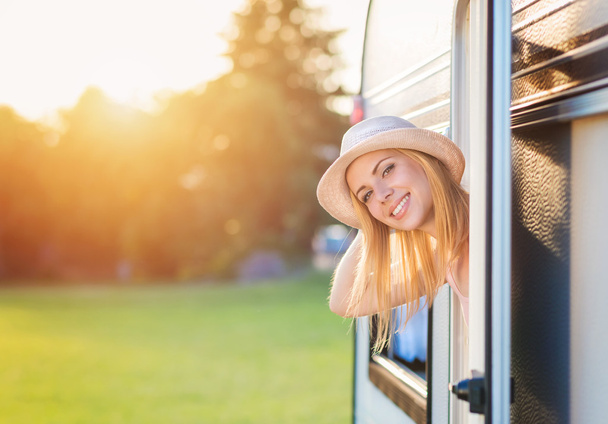 young girl travelling with camper - Photo, Image
